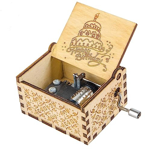 Muzero Happy Birthday Music Box Gift, Bday Gift for Daughter Son Wife Husband Boyfriend Girlfriend Wood Hand Crank Musical Box Play Happy Birthday to You