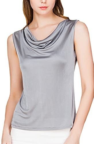 MOROUTLINE Womens Mulberry Silk Tank Top/Sleeveless Cowl Neck Pure Silk Blouse Tops|Summer Real Silk Tank T-Shirt Silver-Grey X-Large