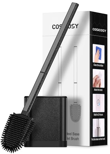Cosicosy Toilet Brush, Stainless Steel Silicone Toilet Brush with Soft Flexible Bristles, Dead Corner Deep Cleaning Loo Brush with Quick Drying Holder Set for Bathroom (Black)