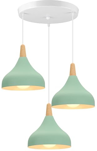 iDEGU 3-flammig Hängelampe Retro E27 Hängeleuchte Moderne Tropfenförmig Lampenschirm Pendelleuchte aus Metall Holz Vintage Lampe für Wohnzimmer Küche Schlafzimmer Esszimmer (Rondell, Grün)