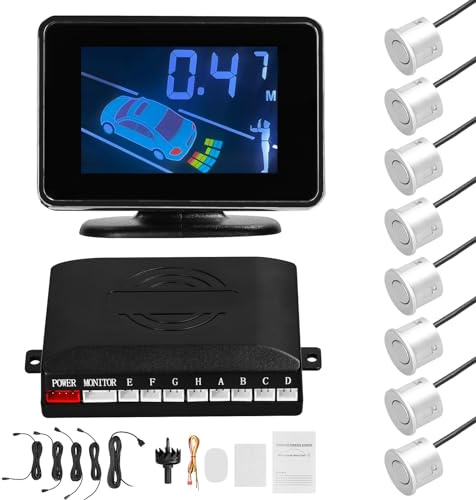 Mulcort Car Reverse Backup Parking Sensor Radar System, 8 Parking Sensors Kit with Front & Rear Sound Warning Buzzer Mute LCD Distance Display Volumes