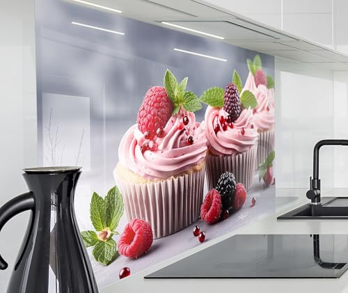 timalo Spritzschutz Wand für Herd, Küche Küchenrückwand Glasoptik | Acryl Glas 2mm | Glasrückwand Acrylglas Wandpaneele Rückwandschutz Platte | 60x40cm Cupkakes mit Früchten