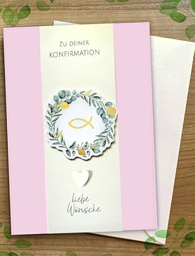 Karte zur Konfirmation, gold, rosa Fisch, Konfirmationskarte