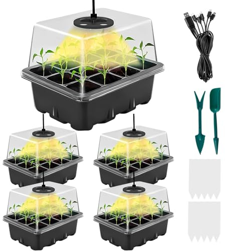 5Pcs Upgrade Seed Starter Tray with Grow Light Gardening Plant Germination Trays Kit with Adjustable Brightness and Humidity Timing Reusable Seedling Starter Growing Trays for Seed Growing (black)