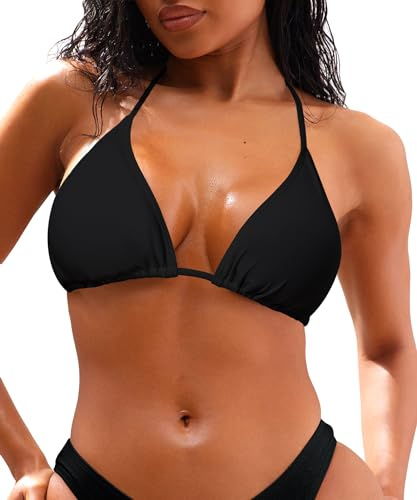 Coloquin Women's Bikini Top Sexy Triangle Bikini Tops Padded String Bikinis Swimwear Black L