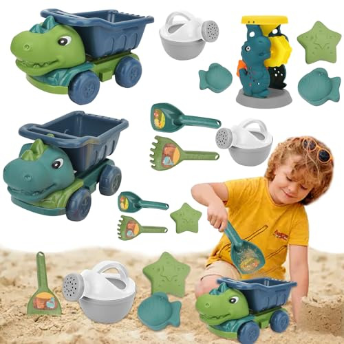 Sandspielzeug Set, Dinosaurier Sandspielzeug mit Muldenkipper, Gießkanne, Schaufel und Rechen, Netzbeutel, Tiersandformen, Sandburg für Sandkasten Camping Jungen Mädchen 3 4 5 6 7 8 Jahre (A & B)