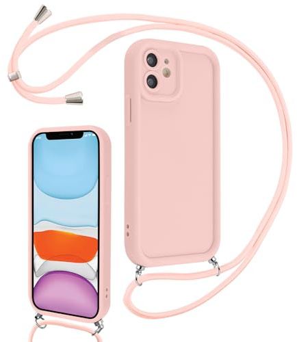 Coalbooliy Coque pour iPhone 11 6,1 avec Cordon de Collier Réglable, Etui Protection de la Caméra Silicone Souple TPU Antichoc Housse avec Corde Lanyard Cover pour Femmes Filles, Rose