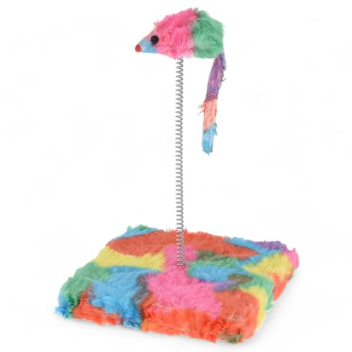 MIJOMA Kunterbunte Spielmaus auf Spirale – Fördert Aktivität & Jagdinstinkt Ihrer Katze, Katzenspielzeug mit Holzwerkstoff-Bodenplatte & Plüsch, 20cm Spiralfeder, 15x15cm (Regenbogenfarben)