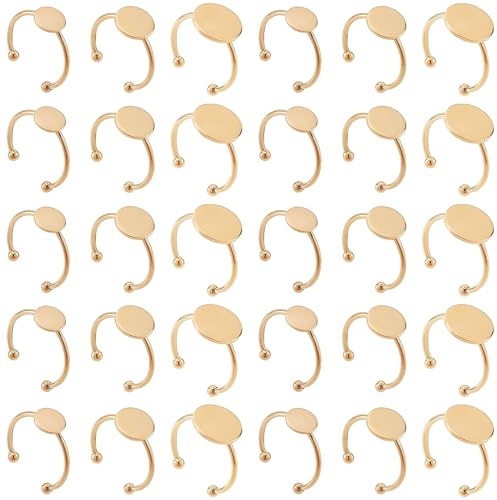 MaehSab - 30 anillos en blanco, base de anillo ajustable de acero inoxidable, bandeja plana en blanco para hacer joyas, manualidades (dorado)