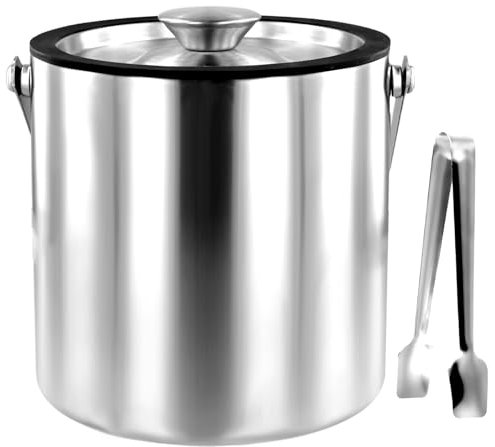 Abizarch Ice Bucket with Lid Strainer Tong,2QT Double Walled Stainless Steel Insulated Ice Bucket Container,Good Sealing Ice Cube Bucket with Cover for Chilling Beer Cocktail Bar Parties