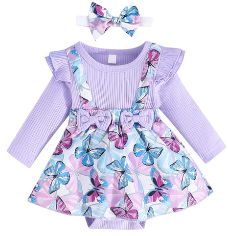 Kunyeah Ensemble de vêtements pour bébé fille Body à côtes pour bébé Robe chasuble à manches longues imprimée papillon Jupe pour nouveau-né avec bandeau (Pourpre, 6-9 Mois)