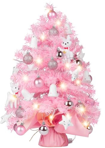 Mini-Weihnachtsbaum, Rosa, 60 cm, Kleiner Weihnachtsbaum, künstlicher Tisch-Weihnachtsbaum mit 47 Ornamenten, weißer Baumrock, Weihnachtsdekorationen für Zuhause, Büro, Party