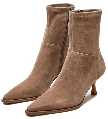Atsroel Women's Brown Suede Fall Boots with Side Zip, Ankle, Pointed Toe, Mid Calf, Kitten Heel, Dressy, Short