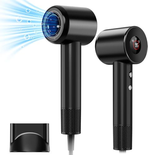 Föhn Ionen Haartrockner, YAIAWISU Ionen Föhn, 140.000 U/min bürstenloser Motor für schnelles Trocknen - LED-Display, 500 Millionen Negativ Ionen Haartrockner für Zuhause, Reisen und Salon (Black)
