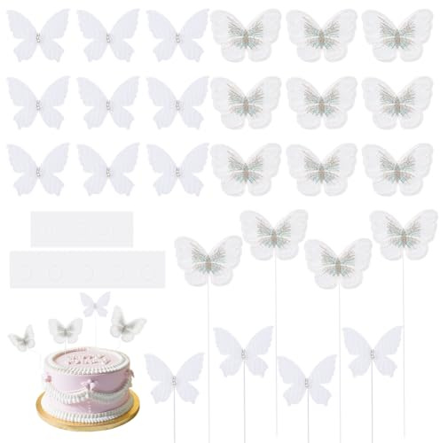 AHANDMAKER 30Pcs Butterfly Cake Toppers, 2 Styles White Butterfly Cake Decoration, 3D Butterfly Cupcake Topper for Birthday Wedding Party Cake Decoration, Butterfly Bouquet Decor