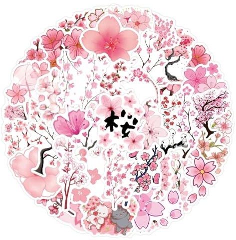 Sakura Stickers - Adesivi con fiori di ciliegio, 50 pezzi, per skateboard, graffiti, moto, snowboard, bagagli, laptop, valigetta, per bambini e ragazzi, impermeabili, in vinile