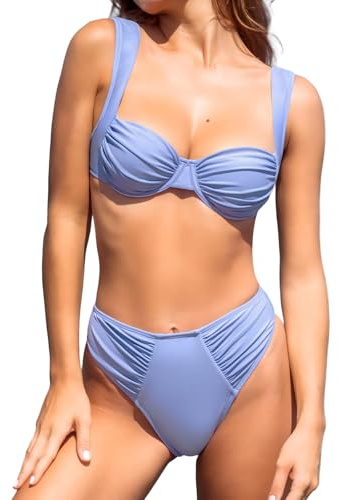 CUPSHE Women's Bikini Sets Sweetheart Neck Underwire Adjustable Wide Straps Bathing Suit High Rise Ruched, M Baby Blue