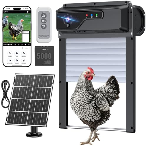 Automatische Hühnerklappe Solar mit 1080P Kamera, Hühnerklappe Automatisch mit WLAN-App-Steuerung, Elektrische Hühnertür mit Timer, Fernbedienung, Einklemmschutz und Platzsparendem Rolltor-Design
