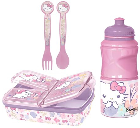 Set Scuola Hello Kitty bambina - Portapranzo 3 Scomparti, Posate e Borraccia 380 ml, Pranzo e Merenda, Ideale per Bambini