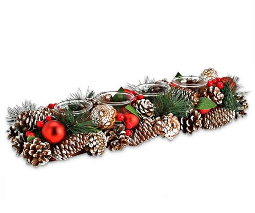 matches21 HOME & HOBBY Adventsgesteck 40 cm als Holz-Deko Teelicht-Halter mit Kerzengläser und braun roter Weihnachtsdeko