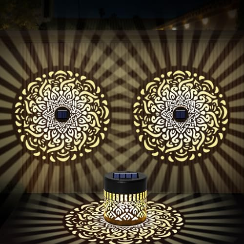 AOOTE Solar Fence Lights, 2 Pack Outdoor Solar Powered Wall Light, IP65 Waterproof Wireless Outdoor Lights, Metal Fence Light Garden, Decorative Lamp Outdoors for Yard Deck Stairs Post, Light Yellow