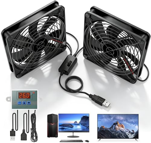 USB-fläkt 120 mm, husfläkt med digital temperaturregulator, USB C-fläkt, dubbel USB-fläkt för skrivbord, E-skåp, nätverkshölje och mer, 3 justerbara, tyst, svart