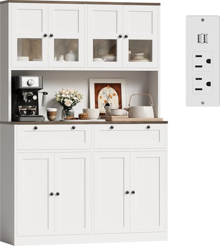 Garvee Tall Kitchen Pantry Cabinet with Charging Station, Storage Hutch with Microwave Stand and Drawers for Kitchen Dining Room Living Room