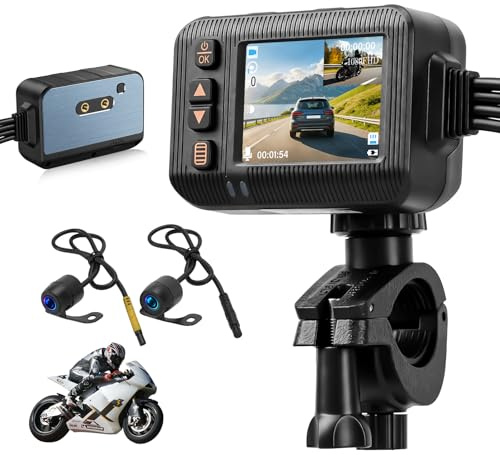 CAMECHO Motorrad Dashcam 2 Zoll Bildschirm, Kamera Doppellinse 1080P Vordere 120° und Hintere 720P 90°, IP67 Wasserdicht, Motorradkamera mit HDR, G-Sensor, Loop-Aufzeichnung