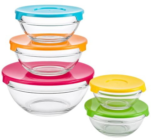 Yukaiwn Glass Mixing Bowls with Lids Set of 5, Glass Salad Bowl Set, Meal Prep Containers Round Glass-Bowl for Cooking, Baking, Prepping, Serving and Storage, Dishwasher Safe