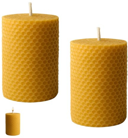 ikBrtaiay 2 Stück Beeswax Candles, Bienenwachs Kerzen (5 X 10 cm, Brenndauer 18 Std), Stumpenkerzen, Honigkerze In Premium-Qualität, Luxuriöses Accessoire für Ein Gemütliches Zuhause