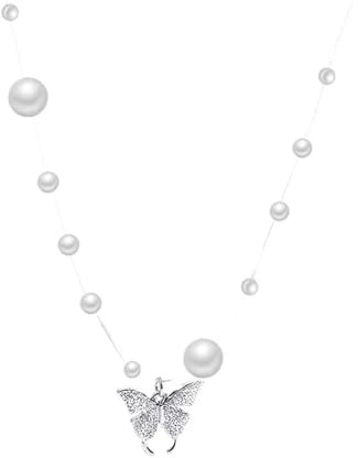 NHTISGRUE Collana con catena a clavola di perle imitate per donne Collana vintage color argento a gargollo a farfalla Gioielli di moda Sunmmer