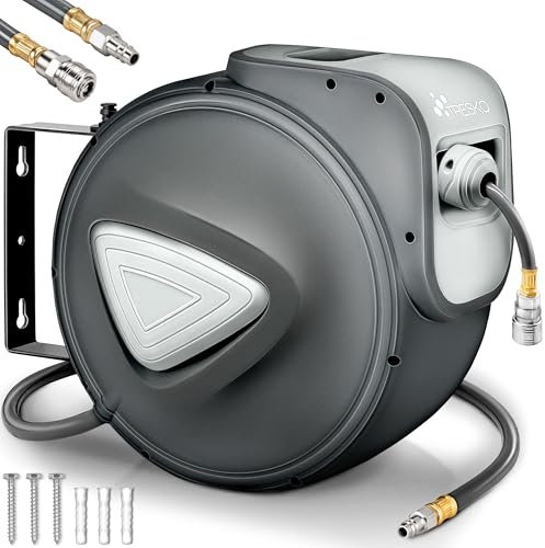 TRESKO® Enrouleur automatique de Tuyau à air comprimé 15m | Connexion 1/4 | Dévidoir Tuyau Automatique Mural, Gris