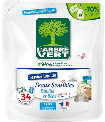 L'Arbre Vert Recharge Lessive Ecolabel Peaux Sensibles Famille Et Bébé Aussi ! - Hypoallergénique - 34 Lavages - 94% d'ingrédients d'origine naturelle - 1,53L