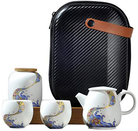 fanquare Portatile Servizio da tè con Borsa da Viaggio, Set da tè in Porcellana con Motivo a Onde di Mare e Fiori, 1 Teiera, 2 Tazze da tè e 1 Scatola del tè