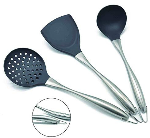 Wok Spatula Set,Kitchen Utensil Set,3 Pieces Silicone Stainless Kitchen Cooking Tools,Includes Flexible Silicone Wok Spatula,Spoon,Slotted Spoon(Grey)