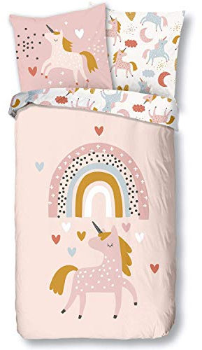 Aminata kids Bettwäsche Kinder 135x200 Mädchen Einhorn Motiv aus Baumwolle mit Reißverschluss Kinder-Bettwäsche-Set Jugendliche Teenager Einhornbettwäsche beige Tiere Tier-Motiv