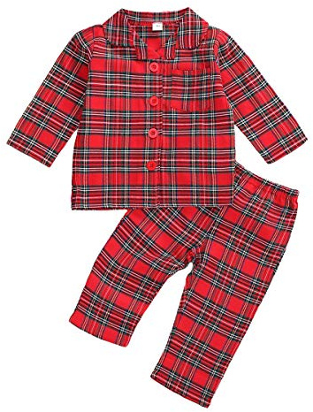 Ensemble de Pyjama Bébé Fille Garçon en Coton à Carreaux en Flanelle Vêtement de Détente Manches Longues Pyjama pour Garçons Vêtement de Nuit Doux, Rouge, 1-2 Years