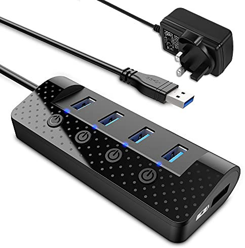 Powered USB Hub 3.0, atolla USB Hub with 4 USB 3.0 Data Ports and 1 USB Smart Charging Port, USB Splitter with Individual Power Switches and 5V/3A Power Adapter
