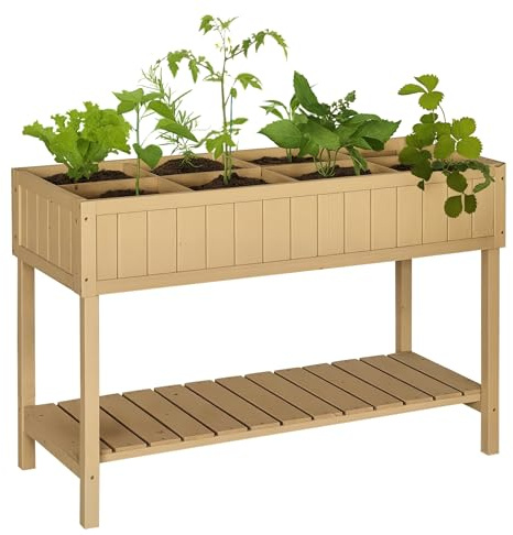 Outsunny Huerto Urbano de Madera, Mesa de Cultivo con Estante Inferior, Jardinera Elevada para Cultivo, Plantas, Flores y Verduras, 120x60x81 cm, Natural