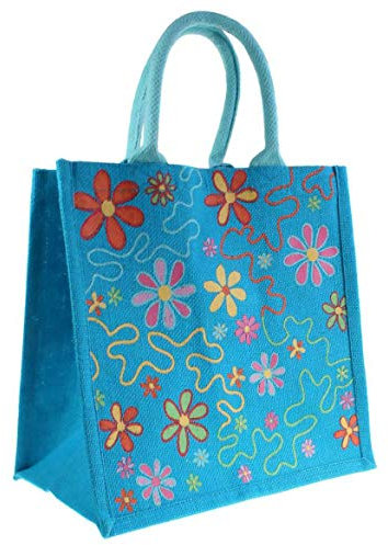 SHA Fairtrade Jute Shopping/Beach/Picnic Bag - Resusable - Ditsy Daisy - 30 cm - Turquoise, Yellow, Orange, Green, Pink