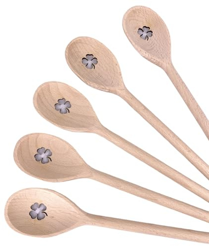 Balna 5 Stück Kochlöffel Holzkochlöffel mit Motiv Kleeblatt zum Basteln, Löffel Holz gelasert ideal als Geschenk oder für Silvester