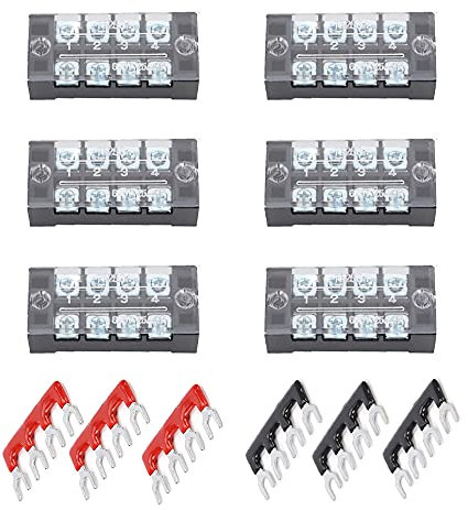 Ruidee 12pcs (6 Set) Terminal Block 4 Positions Dual Rows Covered Screw Terminal Block 600V 25A + 6Pcs 4 Positions Pre-Insulated Fork Terminal Barrier Strip Red/Black 400V 25A TB-U2504