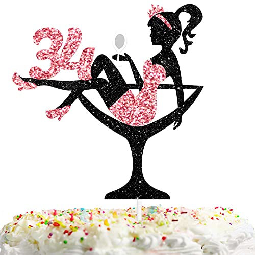 Sitting Girl Cake Topper Picks for Lady 34th Birthday Makeup Spa Theme Party Decoration Supplies - 34 Silhouette High Heeled Cake Decor Rose Gold Glitter