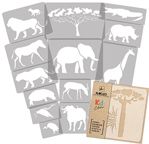 NAKLEO Pochoirs de Peinture pour Enfants, 14 pièces 9x12 à 23x34cm, Modèle de Dessin en Plastique, Réutilisables, Animaux d'Afrique Savane, DIY Bricolage Décoration Chambre, Mur Meubles Papier