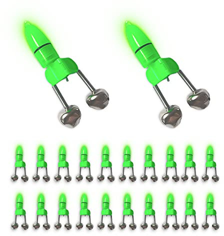 Cailauer Double Bell LED Fishing Alarm,LED Bell Night Fishing Alarm Clip, Fishing Bite Alarm Indicator,LED Night Fishing Rod Bite Bait Alarm Light(20Pcs,Green)…