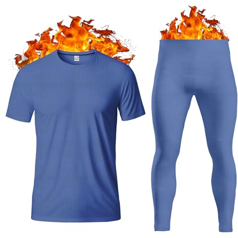 Thread Linens Men's Thermal Underwear Set Base Layer - Short Sleeve T-Shirt/Vest/Top and Long Johns For Men Ultra Soft Warm Underwear Man Body Warmer Size S-XXL (Blue, M)