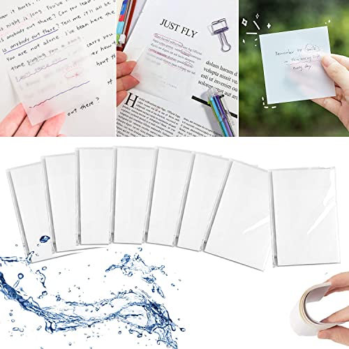 BTORER 8 Packungen 400 Blatt transparenter Haftnotizblock, selbstklebende Memo-Papiere, wasserdicht, selbstklebend, durchsichtig, selbstklebende Memo-Papiere für Büro, Schule, Planer, Memo
