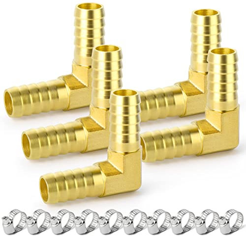 ERGAOBOY 5 pièces 10mm Laiton coude à 90 degrés raccord de Tuyau coudé à 2 Voies en Forme de L raccord de Tuyau coudé avec 10 Pinces