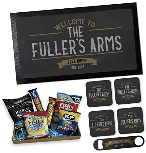 Home Bar Accessory Gift Set - Personalised Pub Design - Custom Name with Bar Mat, Bottle Opener and pack of 4 Coaster Option - Home Bar in a Box (Full Home Bar Kit)