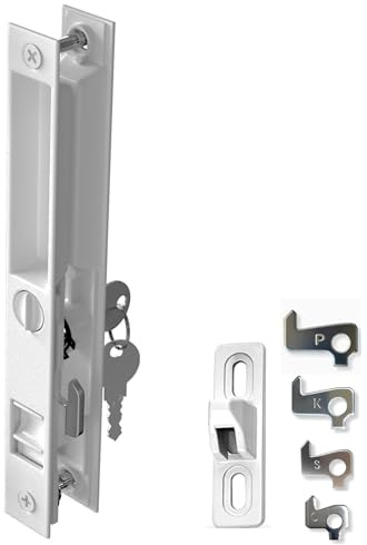 T-Haken Sliding Glass Door Handle Set | 6‑5/8″ Hole‑Center, Flush‑Mount Hook Style, Non‑Handed, Fits 1″–1 1/8″ Thick Doors – Keyed (White)